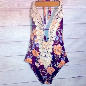 Bathing suit one piece crotchet embellished NWT